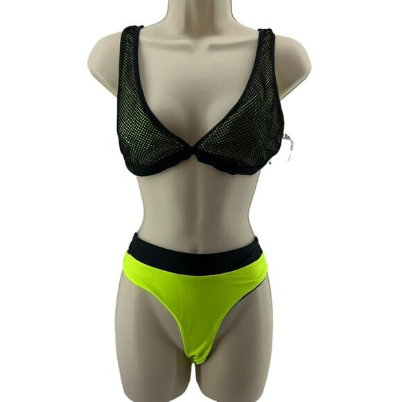 Fabletics Neon Yellow Mesh Top Reversible Bottom Bikini Set Womens - Picture 5 of 10